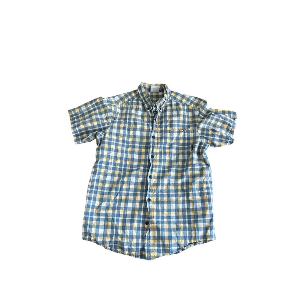Columbia Mens Short Sleeve Button Down Blue &‎ Yellow Plaid Sz S Cotton